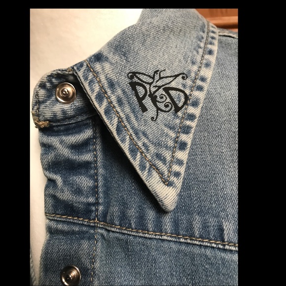 One of a Kind Cowgirl Hat on a Red Rose Sleeveless Denim Shirt Shirt - Picture 6 of 7